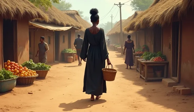 An African young woman walking on a village African road with a basket in hand wearing a long dark robe  in the village market made of huts buying foodstuffs 