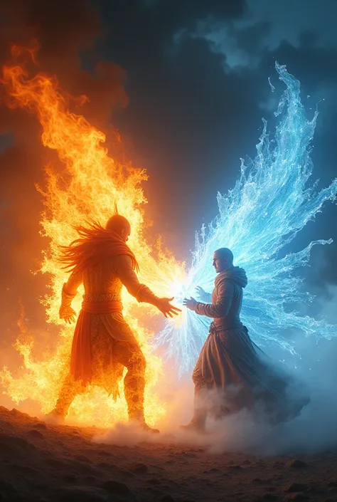 (Photorealism:1.2), The final battle between the fire-wielding villain and the ice wizard、Dynamic, cinematic composition、Dynamic pose、Cinematic lighting、night、dark