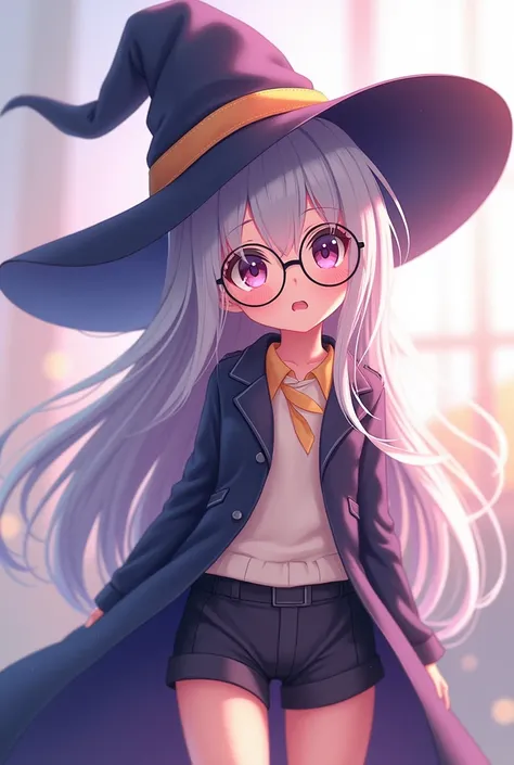 Character sheet for a short anime girl. A studious witch with a large witch hat and super long hair. Wears large, round glasses. Wears a cute outfit underneath an oversized witch robe.