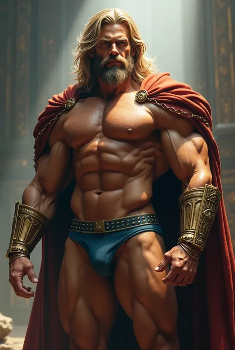 A regal and imposing king stands at 65", showcasing a muscular and well-defined physique. His strong jawline, high cheekbones, and piercing blue eyes exude wisdom and intensity. His hair, a cascade of golden waves, falls loosely around his shoulders. A nea...