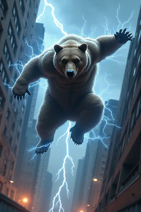 A bear doing parkour with lightning elements 