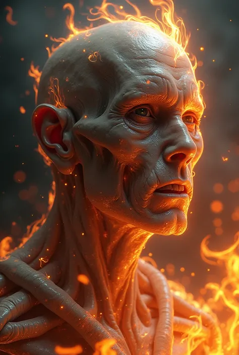 a heroic figure with a holographic skeleton, fire, detailed face features, high quality, realistic, photorealistic, 8k, dramatic lighting, cinematic, concept art style