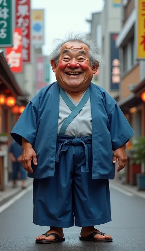 High resolution, masterpiece,Standing in front、In the whole body frame、Japanese、old man、Very short stature、Wrinkle、Thinning gray hair、Blushing, A charming face、Very obese body type、Chubby face、Wearing a blue yukata
、Wearing geta、Background Japan Shinjuku、g...