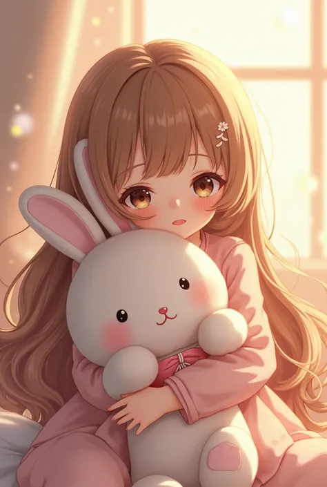 Generates an image of a long-haired anime-style girl hugging a stuffed rabbit
