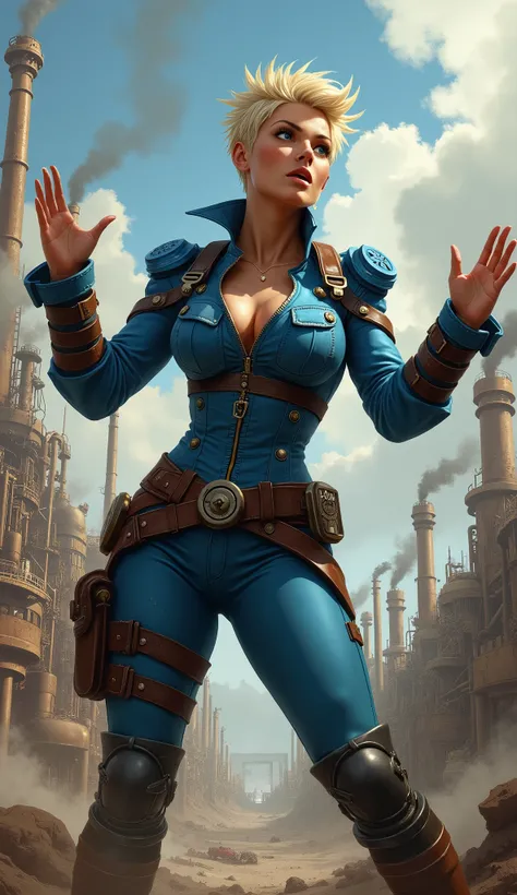 Arte em cores estilo Alex Horley, General Athletic Lined Woman Steampunk, trajando farda Azul, Dynamic shouting orders, Steampunk war scenario, Ultra HD images definition 3840x2160.