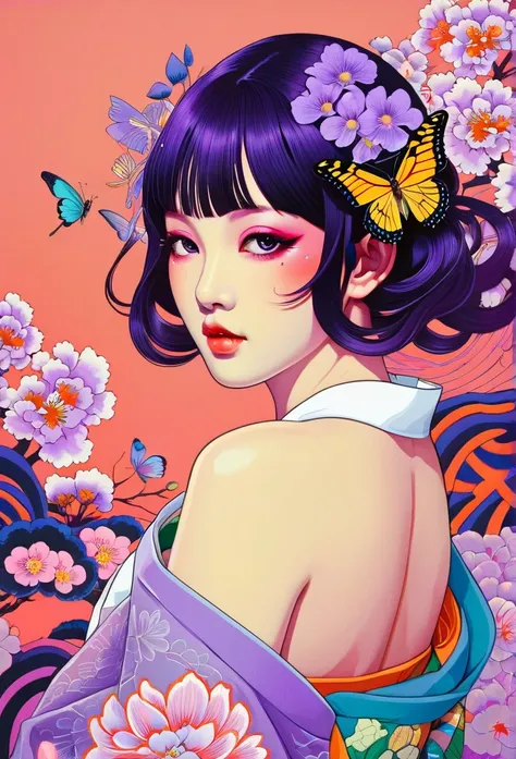 a mesmerizing surreal illustration of a young japanese woman resembling shinobu kouchou. she has black hair, purple eyes, a butt...