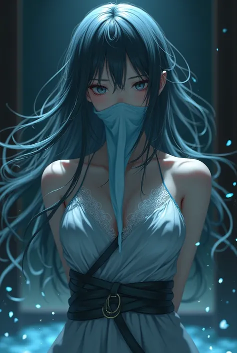 create an image of a female character (do anime demon slayer) with ice breathing tied with her arms behind her back and gagged with a long cloth covering her nose and mouth in a bondage