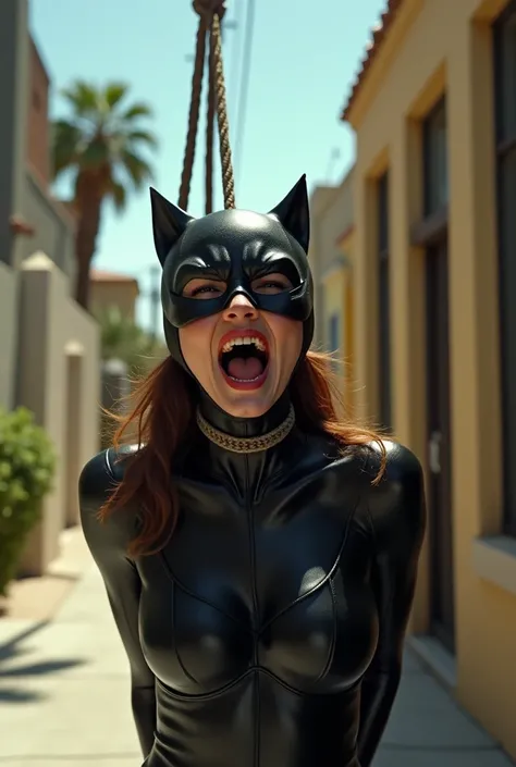 (8k, best quality, photorealistic, realisti), Catwoman, sexly, Nice, hot, horrified, gasping for air, choked, screaming, is hanged, Rope tied tightly around neck, hangs tied by the neck in the air, Niceer Hals, strangle, choke, can&#39;t breathe anymore, F...