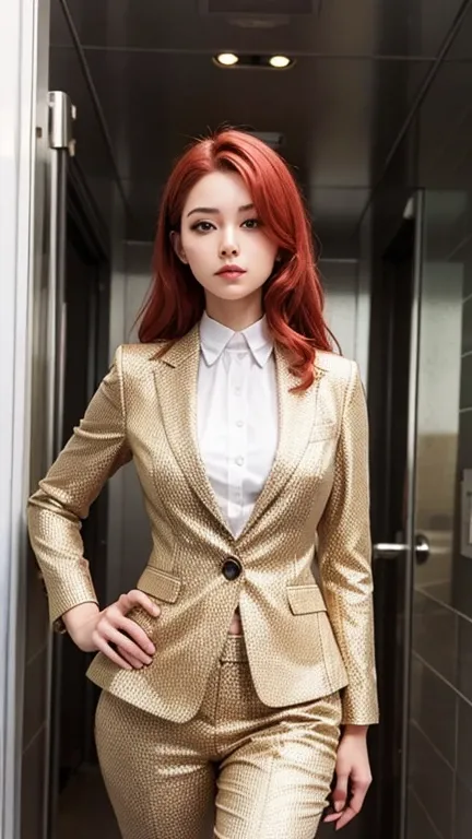 beautiful tall woman，Red hair，Yellow eyes，Surreal，Detailed suit