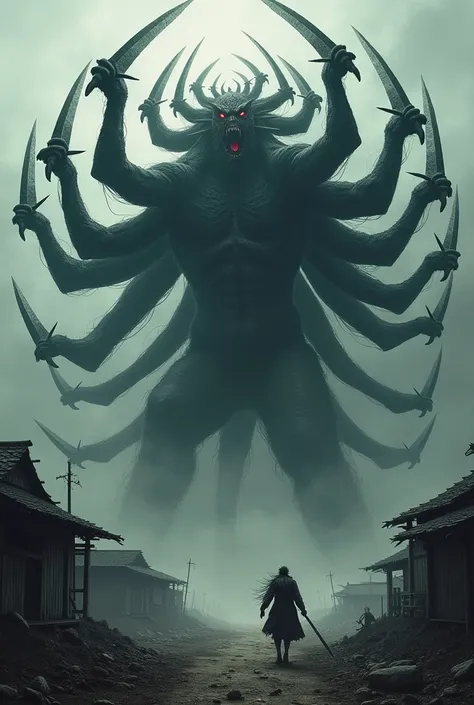 Design a terrifying image of Chimure no Senju Oni, a massive demon with countless arms, each holding a blade. It slashes at anything that comes near. The setting should be a dark, cursed battlefield or a shadowy, abandoned village, highlighting its violent...