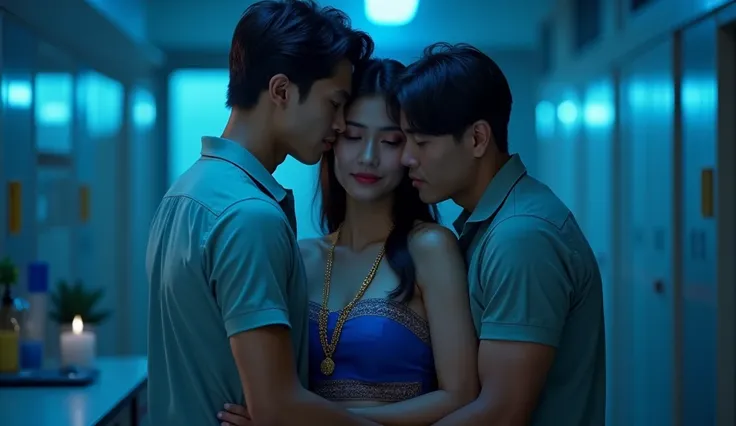 Two Masculer male students,wearing school Uniform,Huges there Hot Slim feamle teacher from back and front side,wearing blue sari,golden colour neckless,and feeling shy,inside school biology lab,late night blue lighting