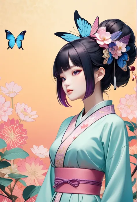 a mesmerizing surreal illustration of a young japanese woman resembling shinobu kouchou. she has black hair, purple eyes, a butt...