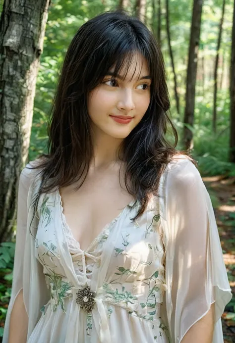 Imagine a beautiful white witch standing in a peaceful forest clearing, surrounded by nature. She has long black hair that flows gently down her back, bangs hair, shimmering softly in the sunlight. Her eyes are a bright emerald brown, filled with kindness ...