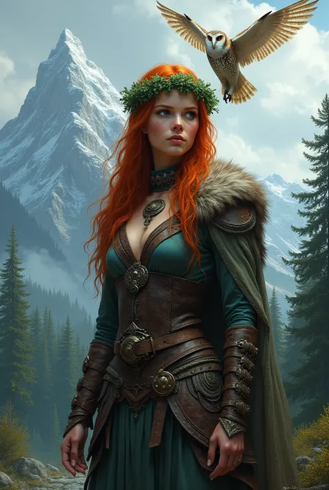 femme viking, avec les cheuveux roux et les yeux bleu ciel, et une guirlande de lierres dans les cheveux. En arrière plan des montagnes et la forêt. Une chouette effrais volant au dessus delle