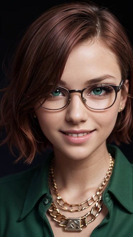 Short, Red hair, green eyes, smile, girl , metal frame glasses. Best quality, ultra detailed, Green shirt, tie, look, smile, (In the bad: 1.2), looking at the viewer, (interview: 1.3), (dark background, chains: 1.3), above, sharp contrast, beautiful detail...