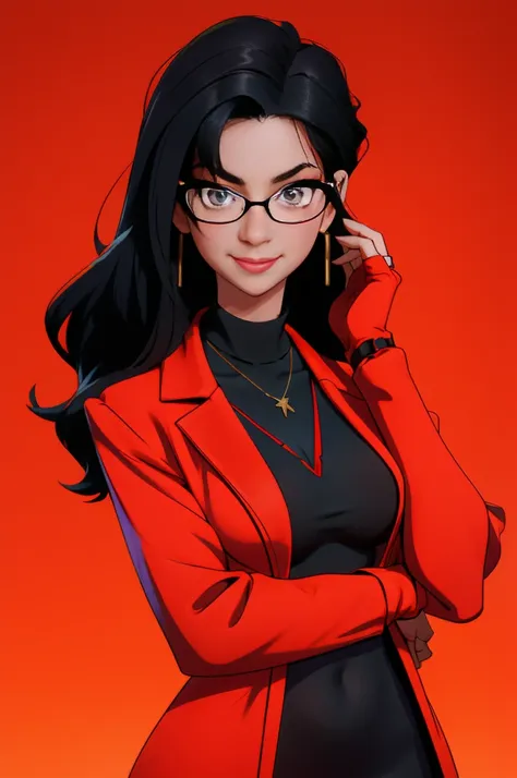 masterpiece, best quality, black hair, glasses, necklace, earrings, red sweater, turtleneck, labcoat, black miniskirt, large bre...