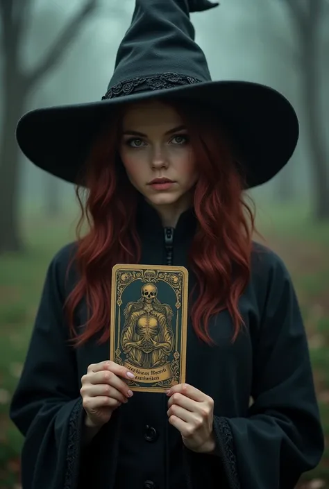 A woman with dark red hair that reaches her shoulders, She has light brown skin and dark brown eyes and is holding a tarot card.、Wearing a witchs costume 
