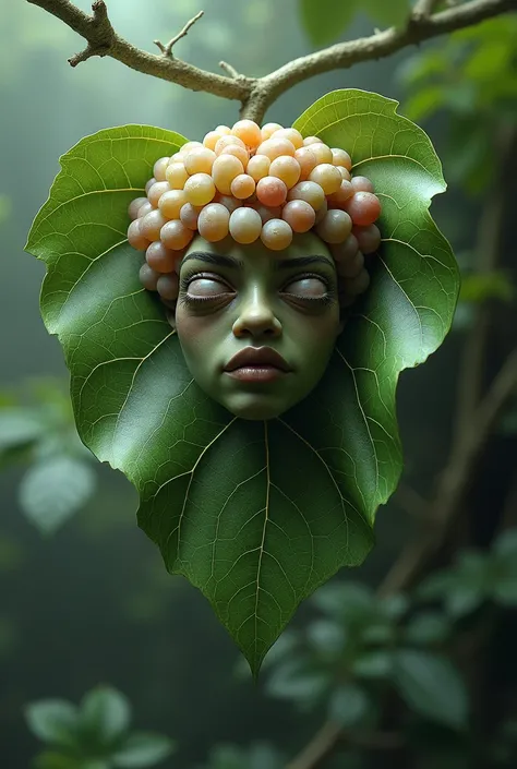 The leaf with a human face,brain made of grapes