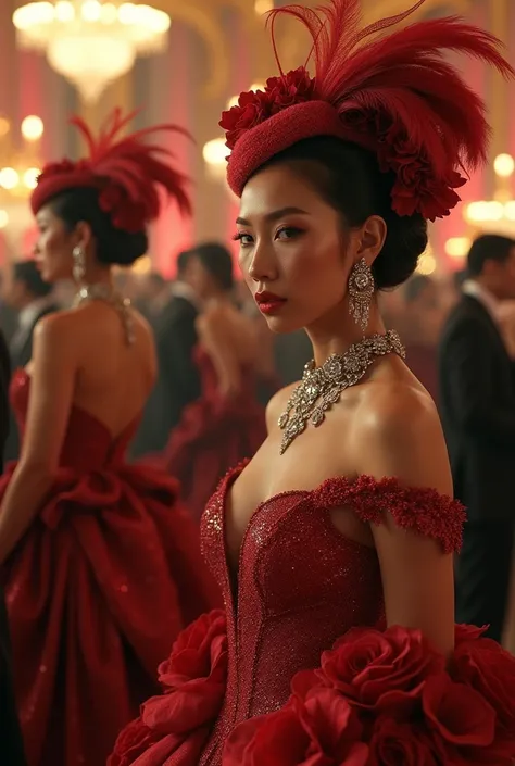 At the charity event, recreated in the style of photorealism, the hall is filled with a high society glamorous atmosphere. Elegant ladies in sumptuous outfits with plumes and diamonds glitter against the backdrop of an exquisite interior filled with flower...