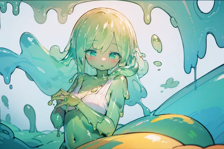 Hand painted,Slime Girl,composition,cute,Masterpiece,Green Slime,Transparent,Natural Light,Super detailed,Ultra HD,clear,A woman in a clear,Masterpiece,An illustration,soft.The body is made of slime,Thick and creamy,Hands in front of you,Turquoise,White ba...