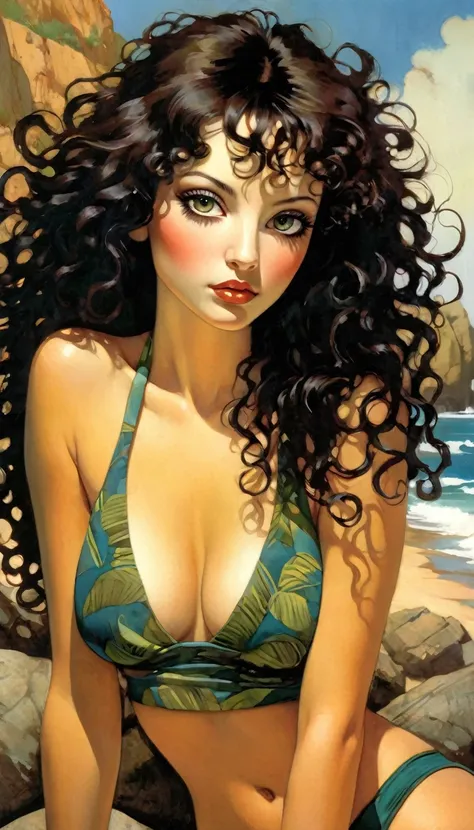 (photorealistic:1.9), (realistic photographic style:1.9), (hyperrealistic), (complexity). Amazing photorealistic portrait of beautiful woman, long black hair, curly hair, olive eyes, bored, spectacular tropical beach in background, dynamic pose, bikini out...