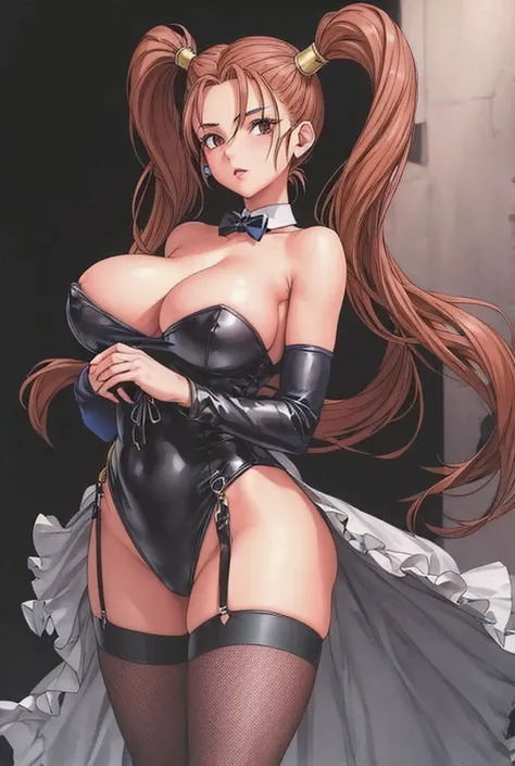 Jessica, a woman with big breasts, beautiful legs, shoulder-length twin tails, exposed arms and shoulders, and a mature face, is dressed as a bunny girl in a black high-cut bunny suit and fishnet stockings, standing with a middle-aged aristocrat.。