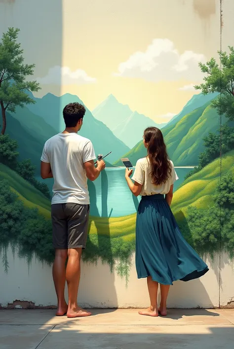 A tall, thin man, in a t-shirt and shorts, woman in skirt and blouse, Both are barefoot, painting a wall with a landscape theme.