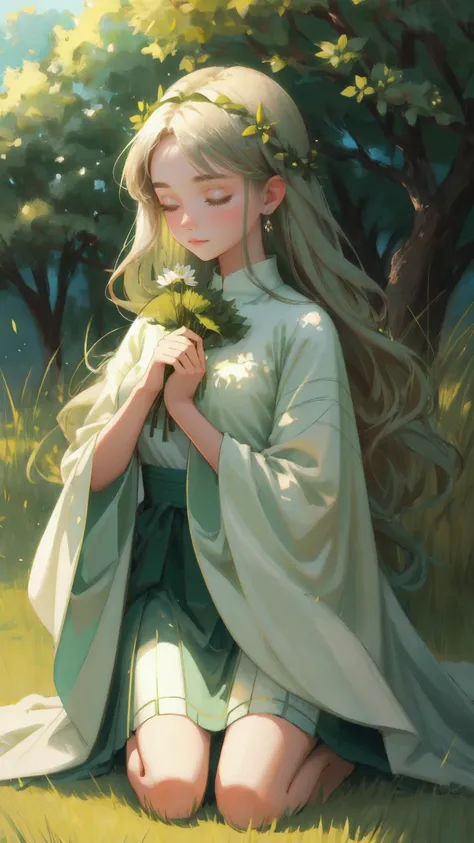 Design a serene image featuring a beautiful, nature-themed girl character made of soft green grass, holding the Earth gently in her arms. She should be kneeling on a Rug-Pull-Proof Carpet, blending harmoniously with the lush, green surroundings. The backgr...