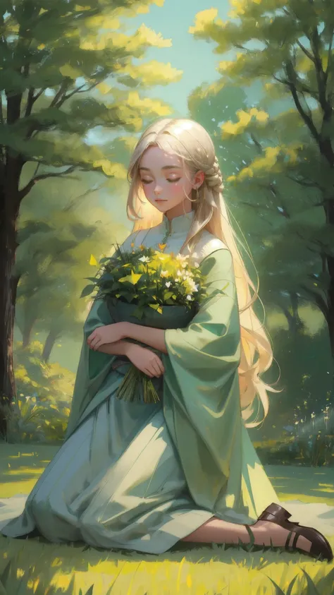 Design a serene image featuring a beautiful, nature-themed girl character made of soft green grass, holding the Earth gently in her arms. She should be kneeling on a Rug-Pull-Proof Carpet, blending harmoniously with the lush, green surroundings. The backgr...