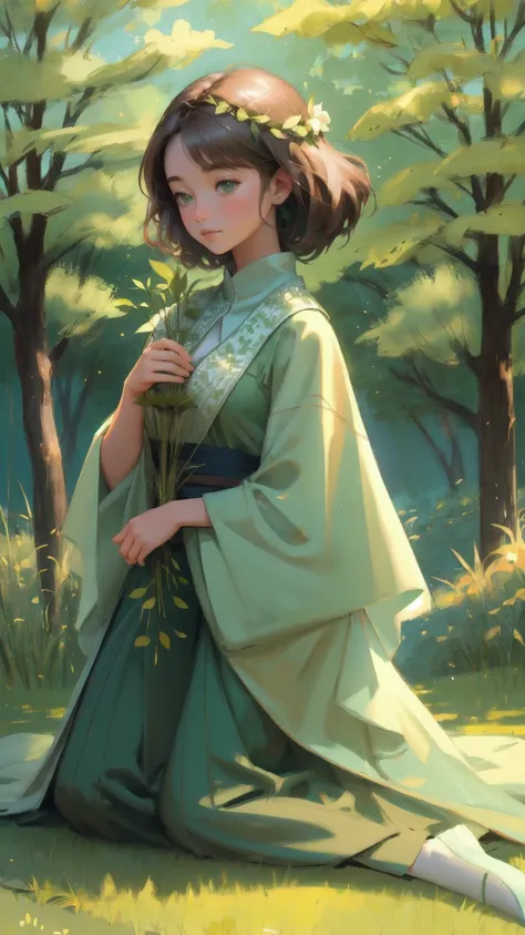 Design a serene image featuring a beautiful, nature-themed girl character made of soft green grass, holding the Earth gently in her arms. She should be kneeling on a Rug-Pull-Proof Carpet, blending harmoniously with the lush, green surroundings. The backgr...