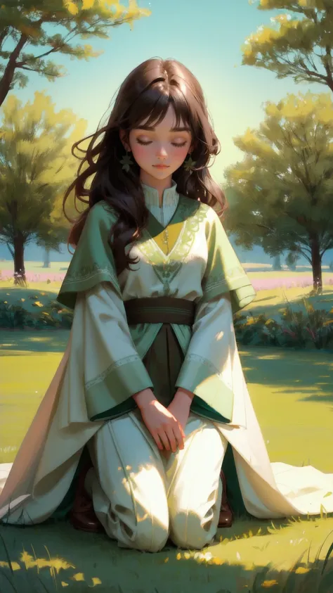 Create an image of a beautiful, nature-themed girl character made of soft green grass, kneeling and gently embracing the Earth. She should be positioned on a Rug-Pull-Proof Carpet, with the surrounding environment and the background all in shades of brown ...