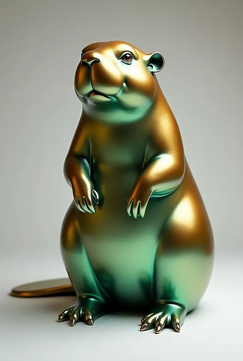 Ultra-resilient image of a gold and iridescent green beaver sculpture