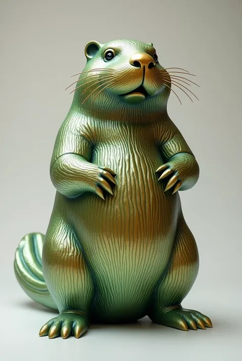 Ultra-resilient image of a gold and iridescent green beaver sculpture