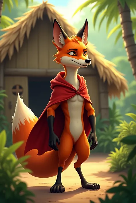 full-body illustration, (1male fox:1.2), (determined expression:1.3), wearing a red cape and a red hoodie standing on its too feet like a cartoon character, (strong and hardworking:1.3), lean build, (disproportionate body long nose and mouth), (smiling not...