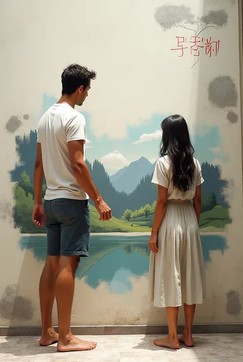 A tall, thin man, in a t-shirt and shorts, woman full of skirt and blouse, Both are barefoot, painting a wall with a landscape theme. The painting is incomplete.