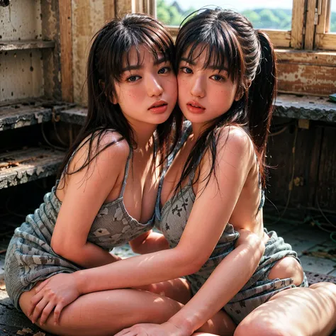 Identical twin sisters kissing、Narcissism、2、Raw photo、NSFW、pantyhose、(bangs:1.2)、(Bundle of brown hair:1.2)、(Dark brown eyes:1.2)、Faint lips、Cowboy Shot、Front view、 (freckles、Mole:0.2)、Skin blemishes、Acne、Skin blemishes、There is a stain、Lanugo、Acne、Blood S...