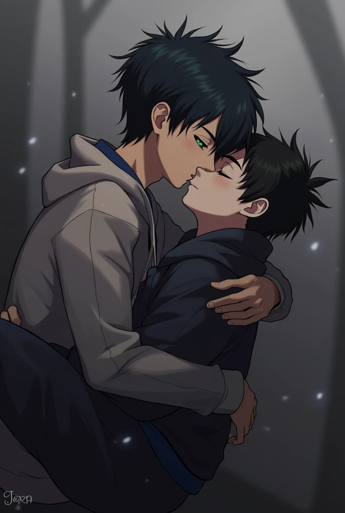 Boy with hood on, black hair and green eyes kissing another with black cap, black eyes, black hair and light skin while he carries it 