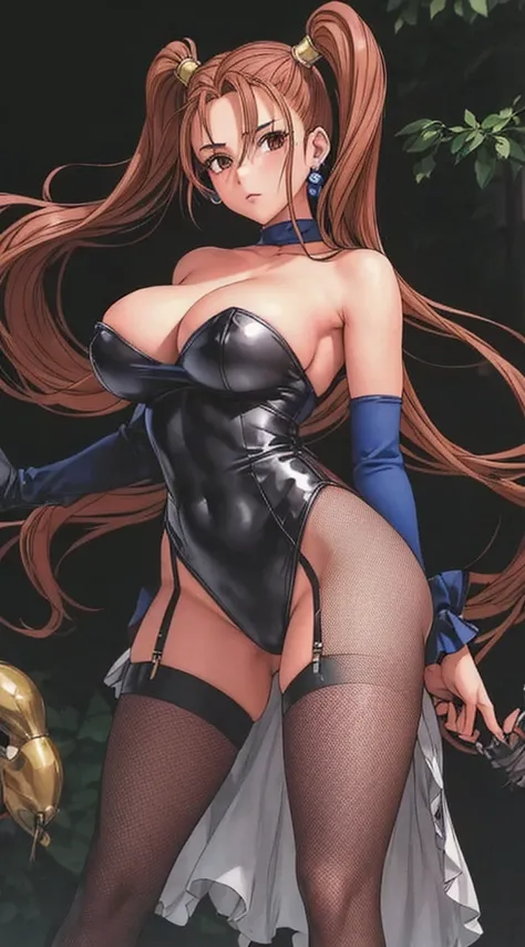 Jessica, with her large breasts, beautiful legs, shoulder-length twin tails, exposed arms and shoulders, and mature face, is standing with her legs spread to the side in a black high-cut bunny suit and fishnet stockings.。Angle from the front。in the forest。