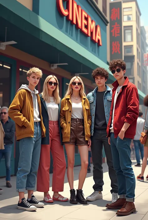 Girls and boys with their asthetic fashion are standing in front of cinema 