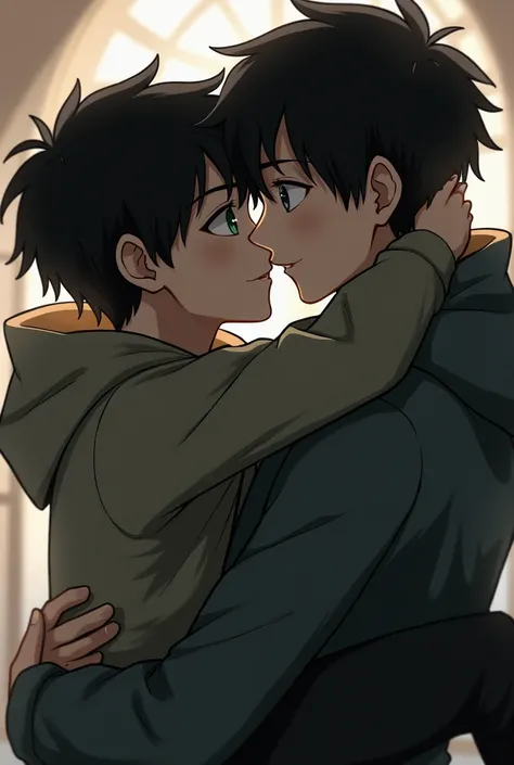 Boy with hood on, black hair and green eyes kissing another with black cap, black eyes, black hair and light skin while he carries it 