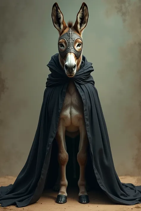 A donkey with a mask and a black cape