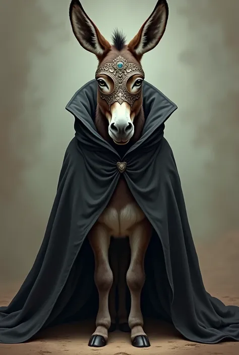 A donkey with a mask and a black cape