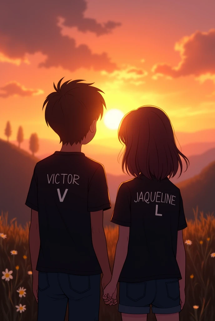 A boy with a black shirt and on his back it says Victor V, and a girl with a black shirt and on the back it says Jaqueline L, watching the sunset in a quiet place with 