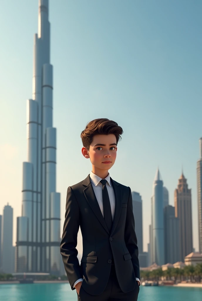 A handsome looking boy wear formal cloths standing beside burjkhlifa