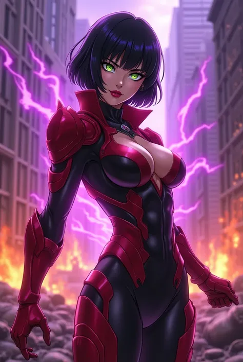 An anime style action pose of a Beautiful evil supervillain woman with short black  hair in a bob, green eyes filled with confidence, and red lips, a sadistic grin across her face.  She is wearing a high tech suit of red and black power armor and radiating...