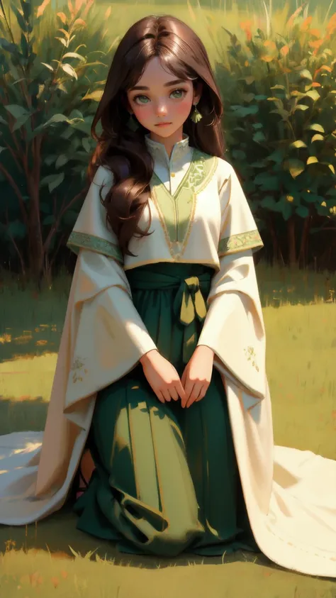 "Create an image of a beautiful, cute girl character made of soft green grass, kneeling and gently embracing the Earth. She should be positioned on a Rug-Pull-Proof Carpet, with the background in a rich brown tone to create a warm and earthy atmosphere, co...