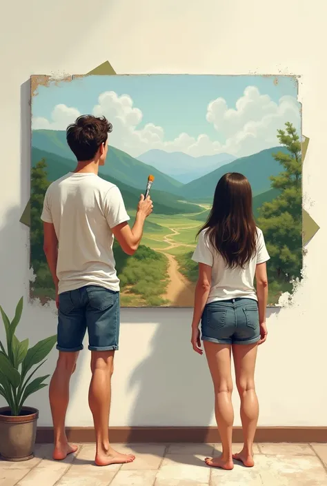 A tall, thin man, in a t-shirt and shorts, chubby woman in blouse, Both are barefoot, painting a wall with a landscape theme. The painting is incomplete. They are holding paint and brushes.