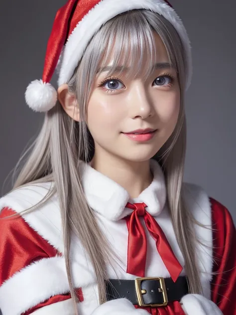 Beautiful attention to detail,Droopy eyes,Beautiful lip detail, Very detailed eyes and face, Long eyelashes, A girl of half Scandinavian and half Japanese descent, Fantasy Characters, (Santa Claus Costume:1.25),smile,short silver hair,Very detailed, Dramat...