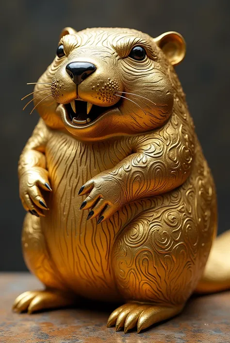 Ultra-resilient image of a golden iridescent beaver sculpture