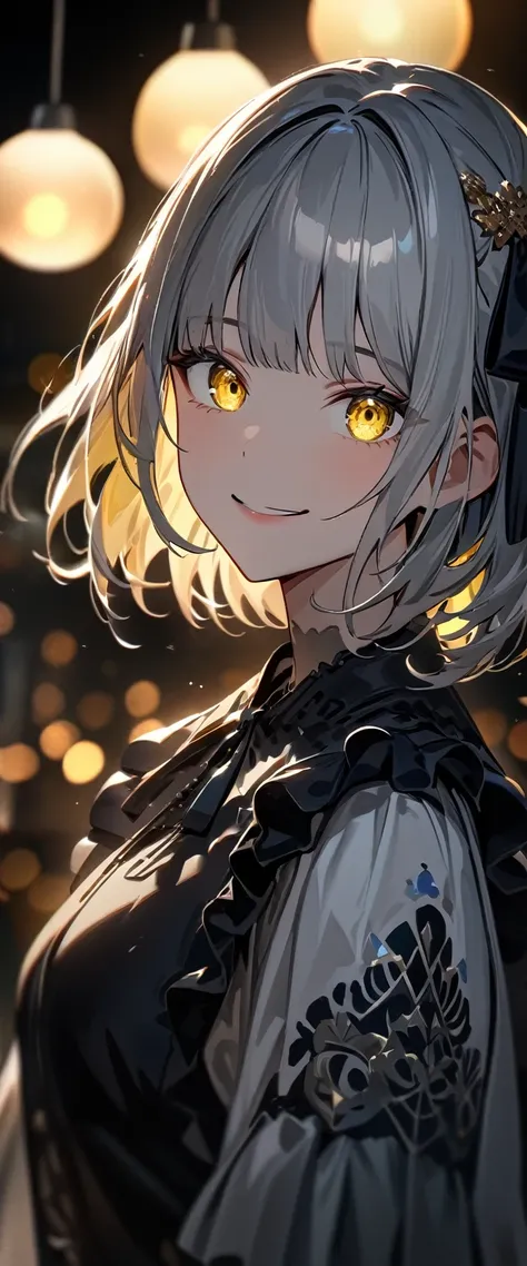 (((One girl))), Shibuya, silver hair, bob cut, (looking at viewer), upper body, breasts, teenager, head tilt:1.3, (((yellow eye))), constricted pupils, (from side:1.3), ((happy smile)), gothic lolita:1.3, hair ornament, hair ribbon, anime style, (best qual...